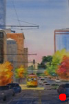 landscape, cityscape, arkansas, little rock, clinton avenue, trolley, street car, oberst, original watercolor painting